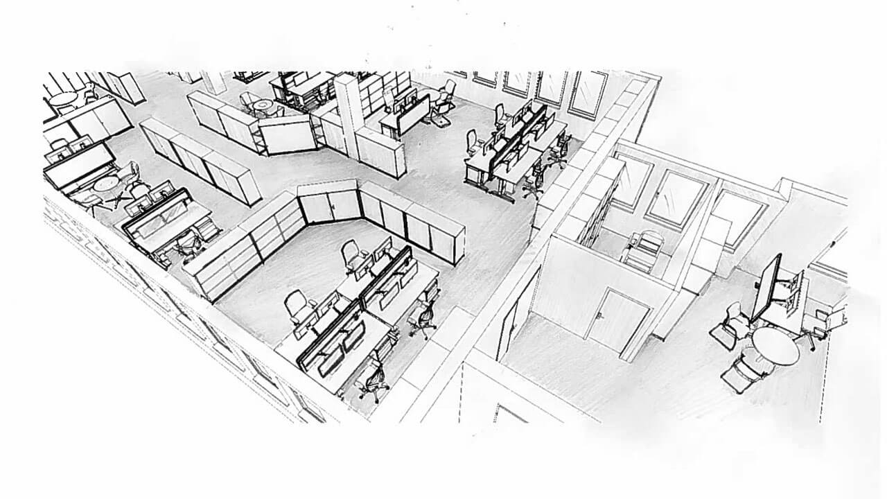 Concept drawing by our interior designers of the office space of MISR Bank Frankfurt Concept drawing by our interior designers of the office space of MISR Bank Frankfurt